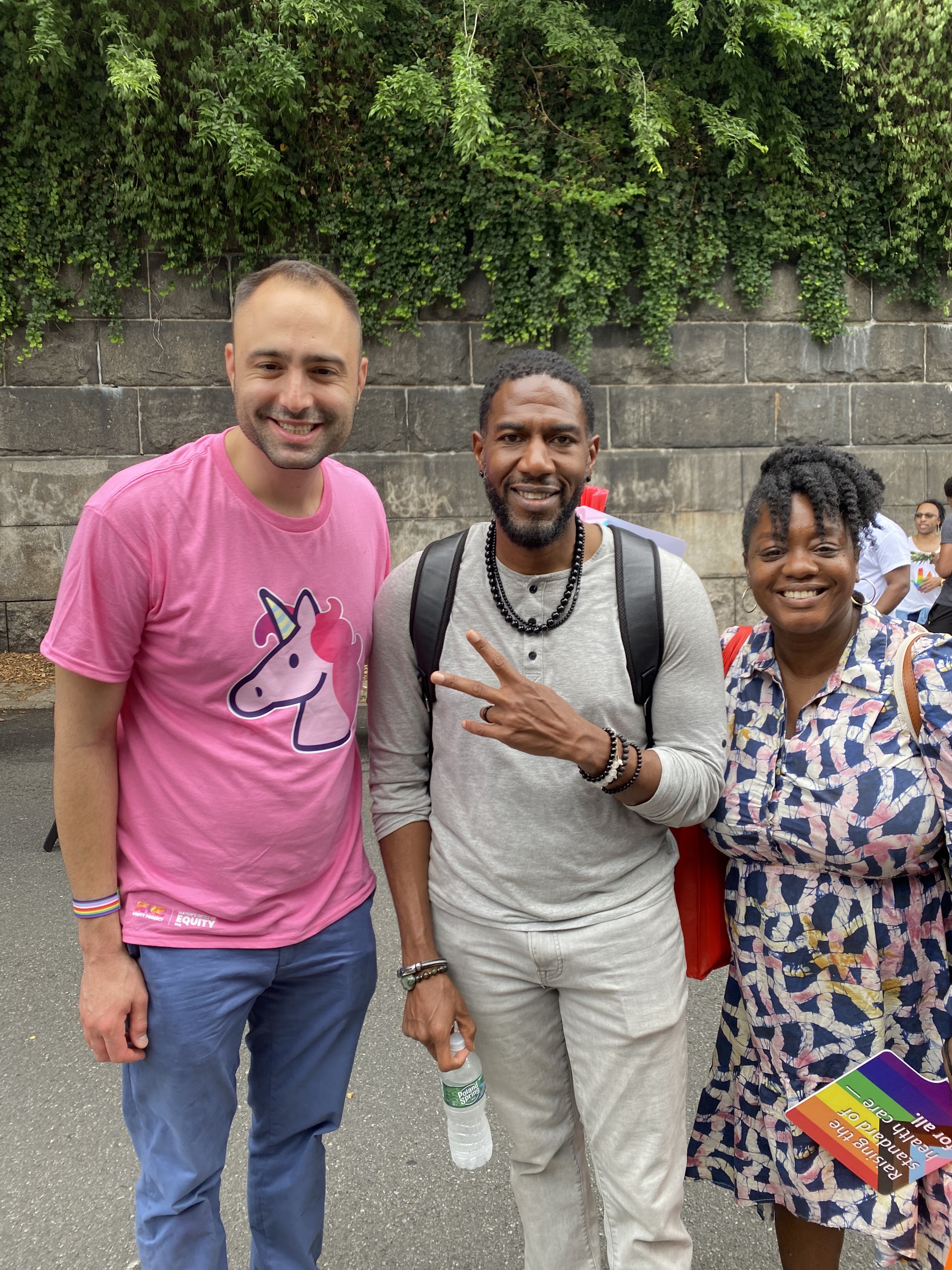(From left to right) Acting Executive Director of the NYC Unity Project Ronald Porcelli, NYC Public Advocate Jumaane D. Williams and the NYC Mayor's Office of Equity Commissioner Sideya Sherman pose for a picture at Harlem Pride. 