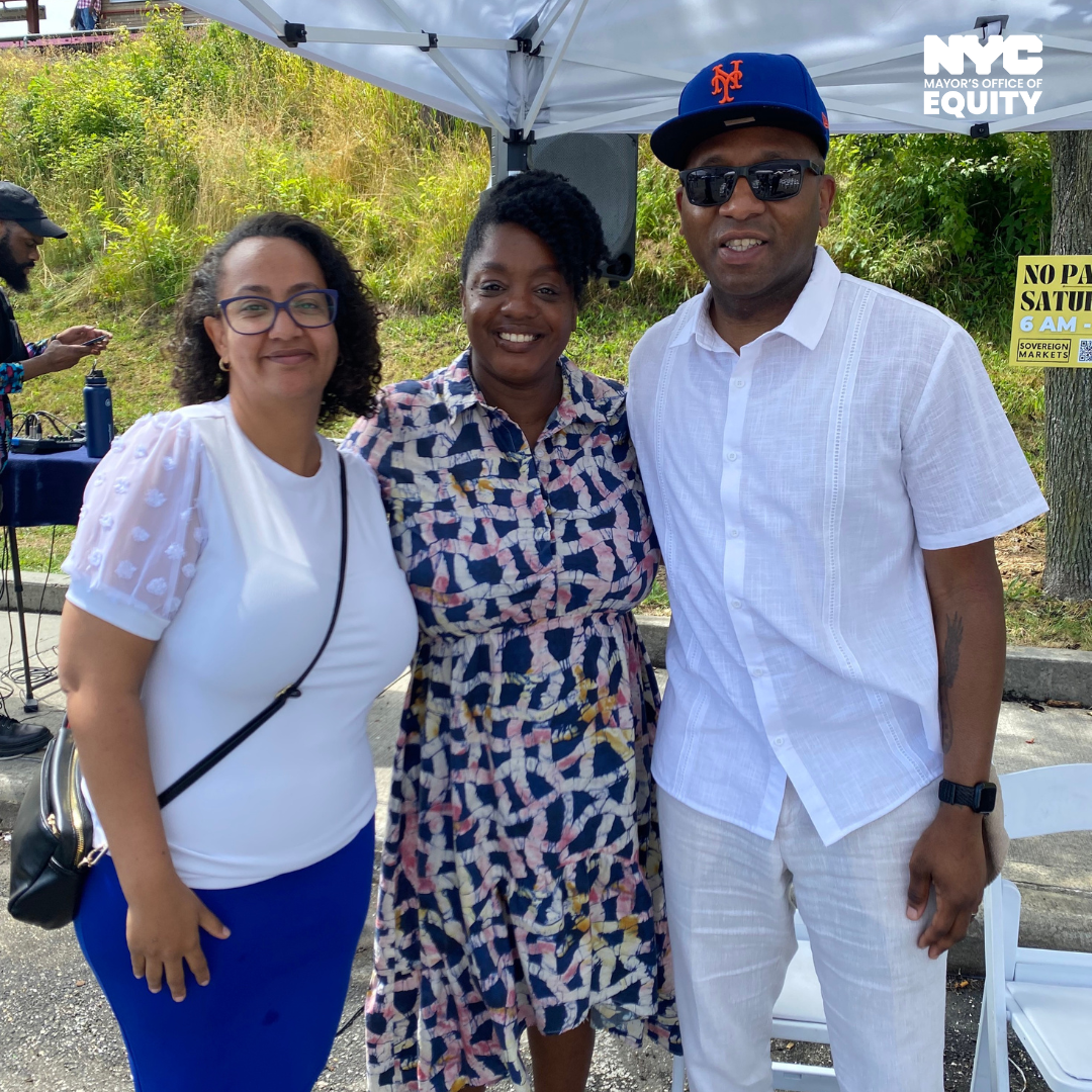 (from Left to right) Acting Chief Equity and Strategy Officer at the NYC Department of Health and Mental Hygiene Linda Tigani, NYC Mayor's Office of Equity Commissioner Sideya Sherman, and Queens Borough President Donovan Richards pose for a picture at the Juneteenth event.  