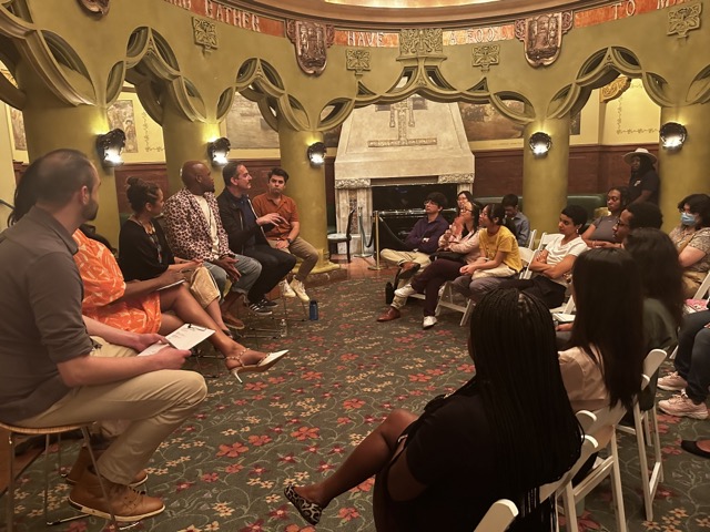 Panelists discuss their insight with SYEP Pride Participants (from left to right) NYC Unity Project acting director Ronald Porcelli | Disney Theatrical Group Engagement Coordinator Kiara Brown-Clark| Kendra Moore, company manager | Michael James Scott, who portrays "The Genie" in Disney's 