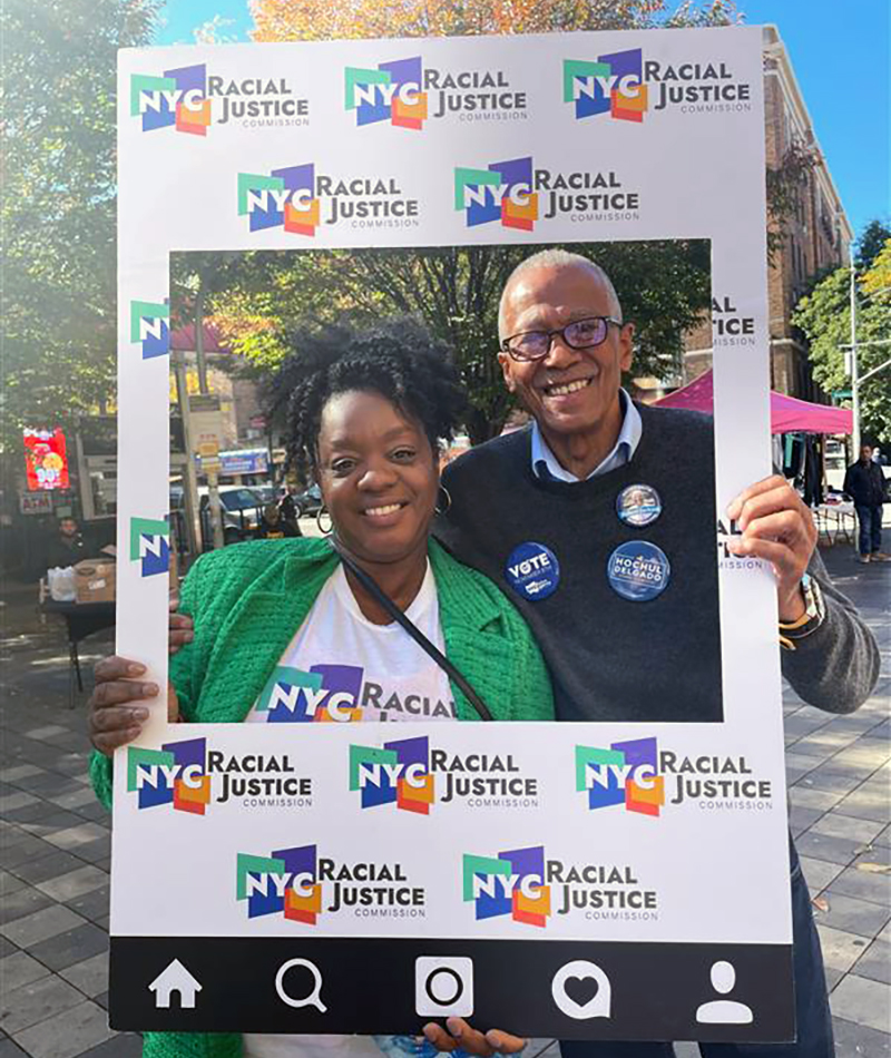 Commissioner Sideya Sherman and Robert Jackson, New York State Senator, at the NYC Racial Justice Commission's 'Washington Heights Teach-In' event.