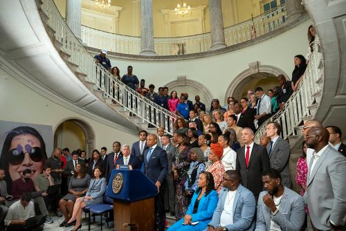 NYC Mayor Eric Adams delivers closing remarks in the City Hall rotunda.