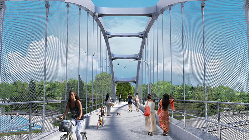 The proposed Delancey Street pedestrian bridge with pedestrians and cyclists