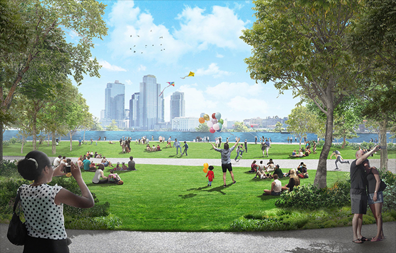 View of East River Park from new Houston Street entry with new lawns and waterfront access