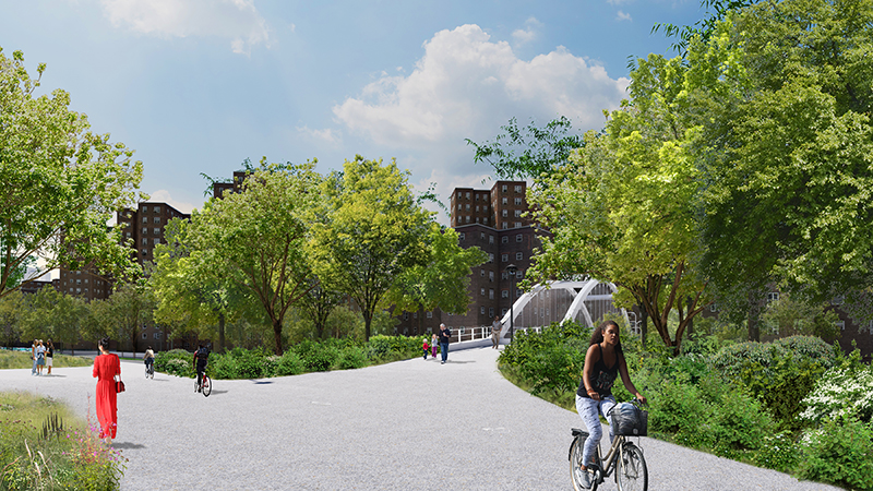 The proposed 10th Street pedestrian bridge entry into East River Park with cyclists