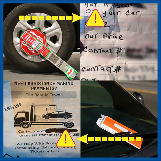 Image showing fraudulent notices on windshields along with a tire boot