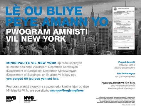 Forgiving Fines: The NYC Amnesty Program flyer (Creole)