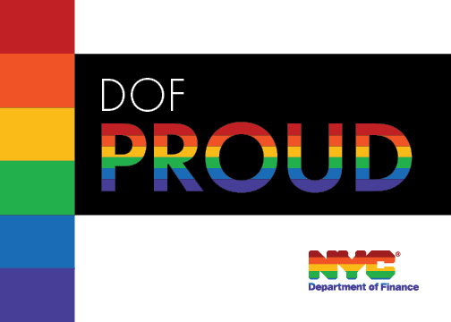 Graphic depicting rainbow graphic aloing with the words "DOF Proud" and a rainbow verions of the DOF logo