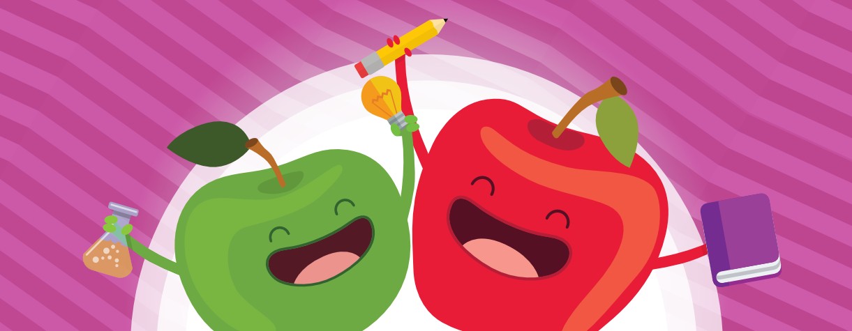 A drawing shows two cartoon apples holding school supplies