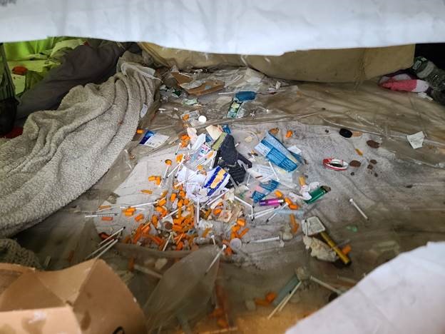 An image from an encampment on Meeker Avenue in Brooklyn before the task force took action – cleaning spaces and recovering over 500 needles over four locations.