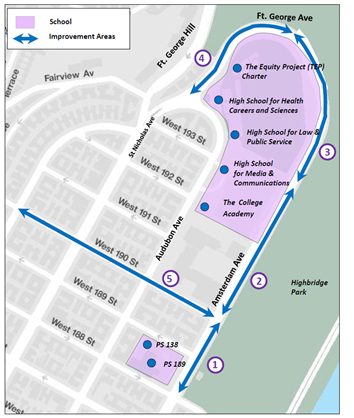 A map of the street improvement project  led by local high school students with DOT on Amsterdam and Saint Nicholas  Avenues between West 188th Street and Fort George Avenue.