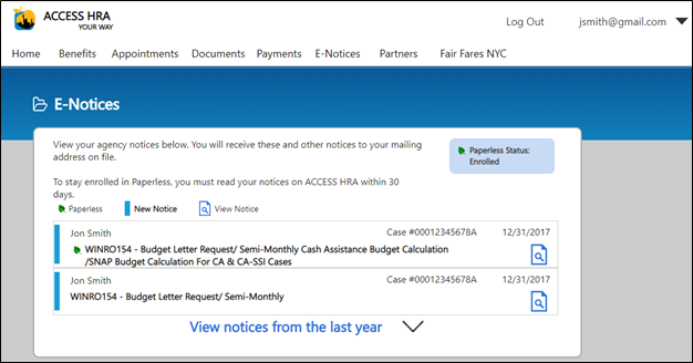 Access HRA E-Notices Page Screenshot