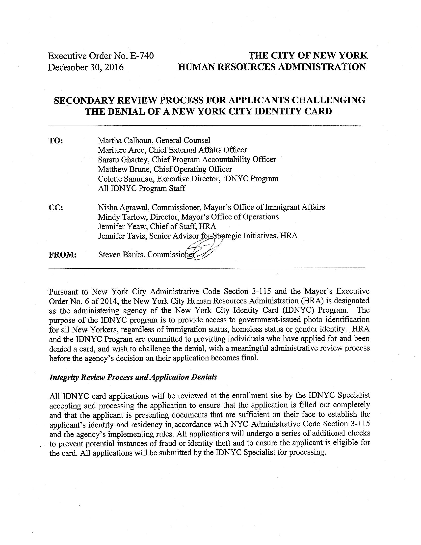 HRA Executive Order No. E-750 Report cover