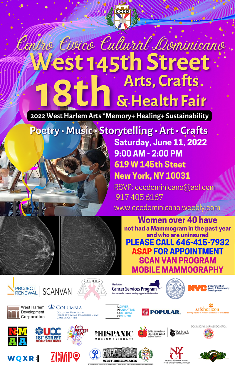 Bright purple flyer with children painting on a canvas, promoting mammogram exams happening on site