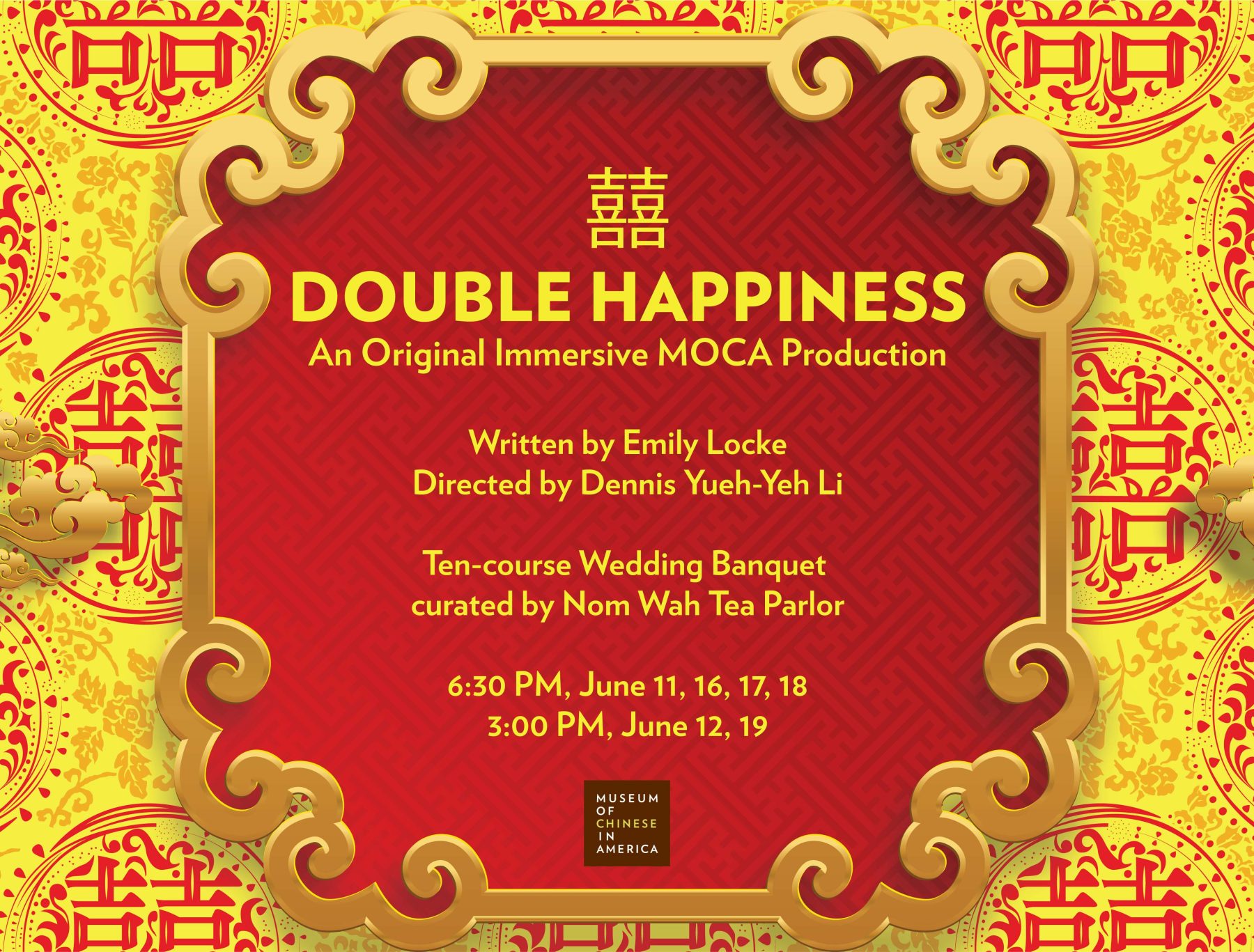 Red flyer listing other dates of Double Happiness production