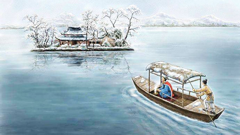 Painting of two men on a small wooden boat sailing to a small island that has a traditional Chinese architecture house on a snowy day