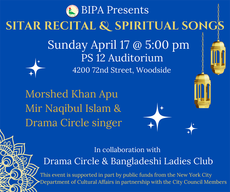 Sitar Recital and Spiritual songs flyer with blue background