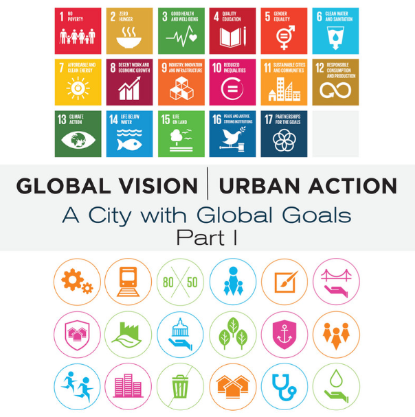 Colorful rows of boxes that symbolize the sustainable development goals. Text reads Global Vision Urban Action, A city with Global Goals Part 1