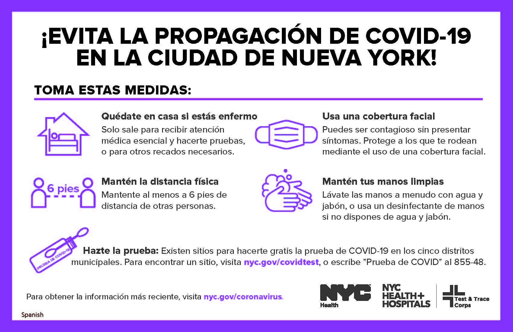 Infographics in Spanish  on steps to prevent the spread of COVID-19.