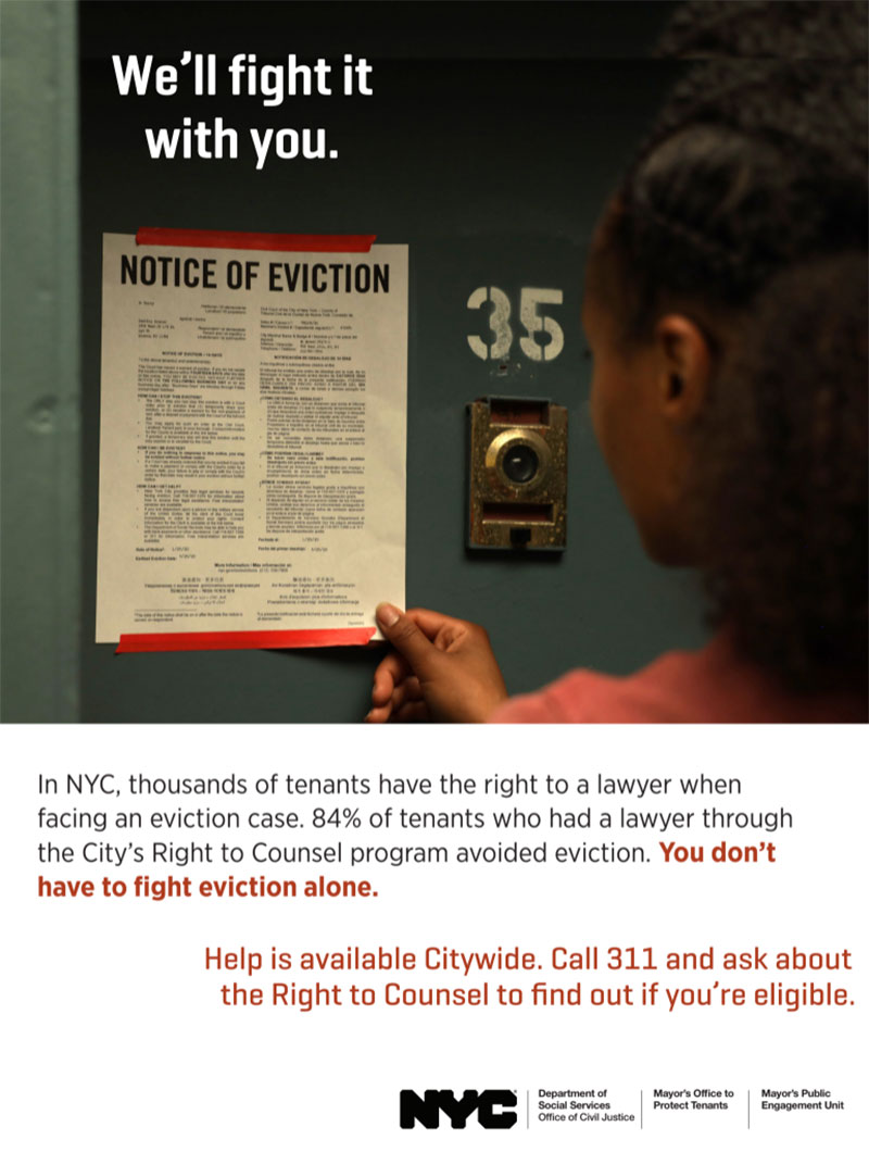 an image of an eviction notice on an apartment door. Text reads: We'll fight it with you.