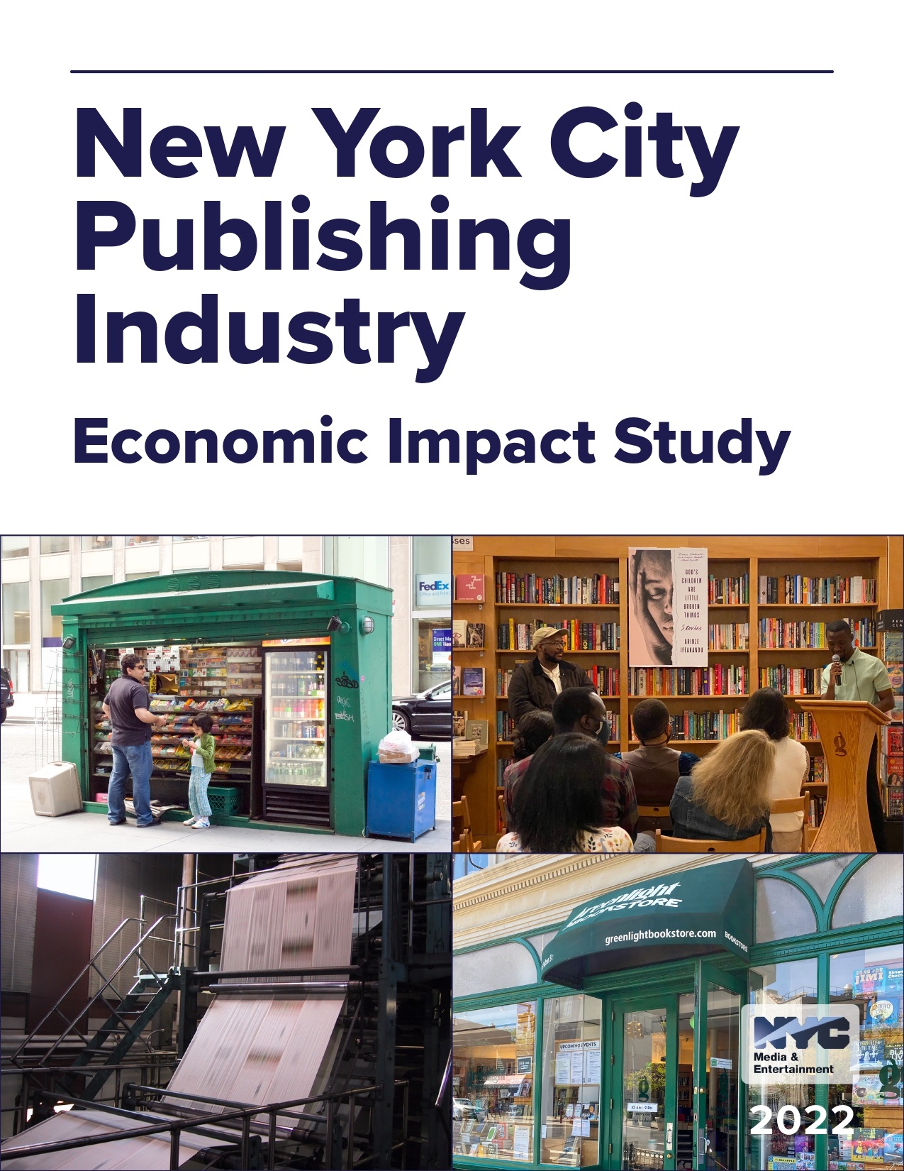 2022 NYC Publishing Industry Economic Impact Study text with photos of people at bookshops