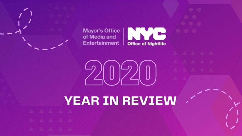 Purple geometric splash image with the text “NYC Office of Nightlife 2020 Year in Review