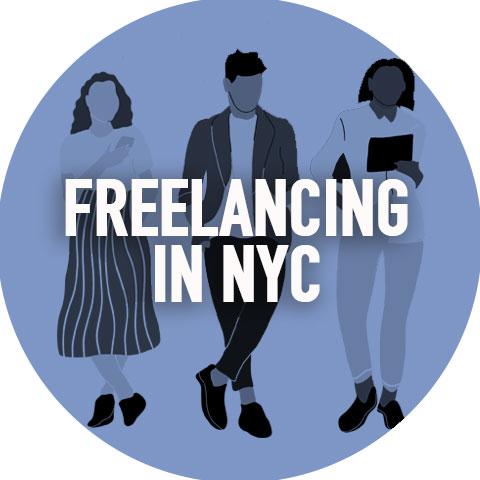 Illustration of three people standing. Text reads: Freelancing in NYC.