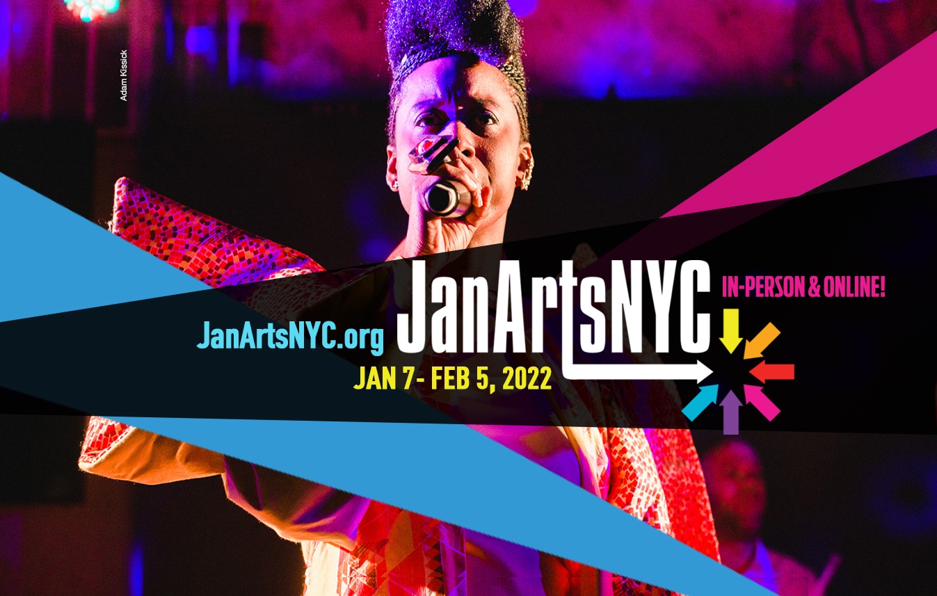 woman singing into a microphone with JanArtsNYC text