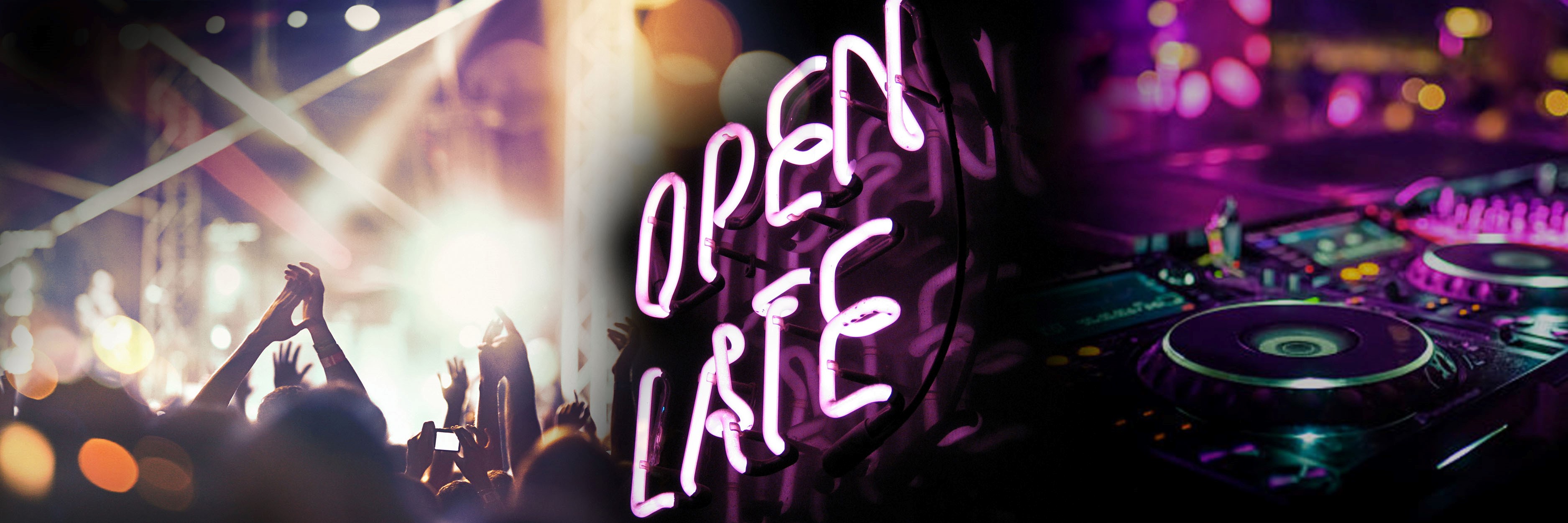 Image of neonn sign that reads "Open Late", people at a concert and a DJ playing music to a crowd