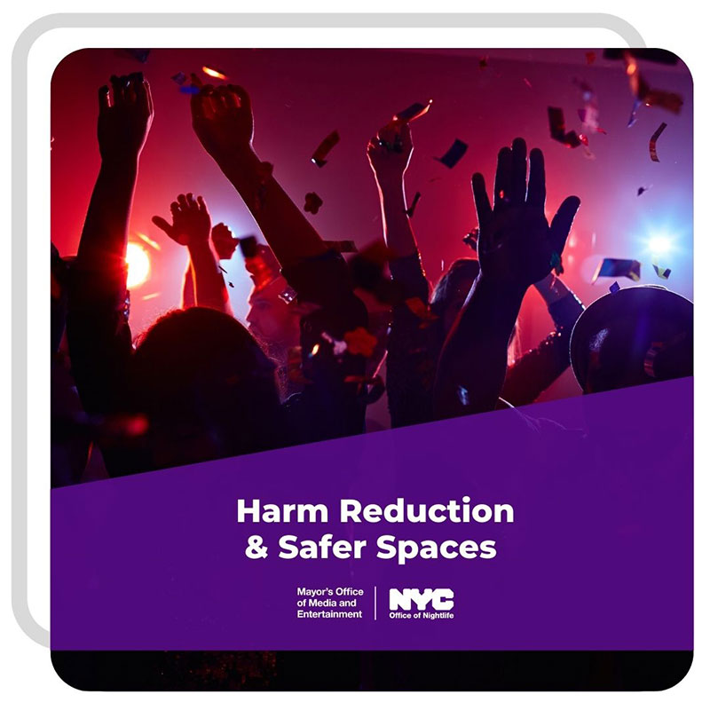 People dancing in a crowd under pink and purple lights with confetti falling with text "Harm Reduction and Safer Spaces" on purple banner