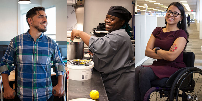 3 people with disabilities working. A man using crutches stands confidently in an office space. A woman in a chef's uniform smiles at the camera while cooking in a professional kitchen. A woman in a wheelchair folds her arms confidently while smiling at the camera.