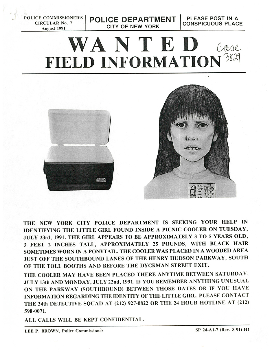 Wanted: Field Information - police poster featuring image of cooler and initial sketch of a hollow-cheeked girl