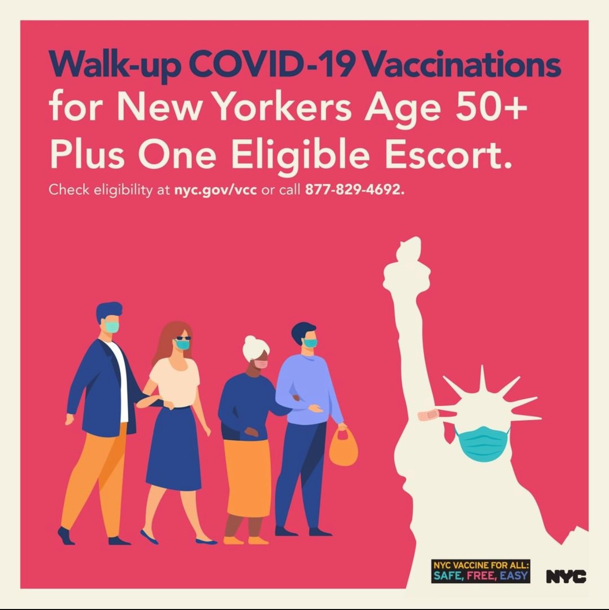 Illustration of statue of liberty wearing a mask and  a bandage on her arm the phrase walk up COVID-19 Vaccination.