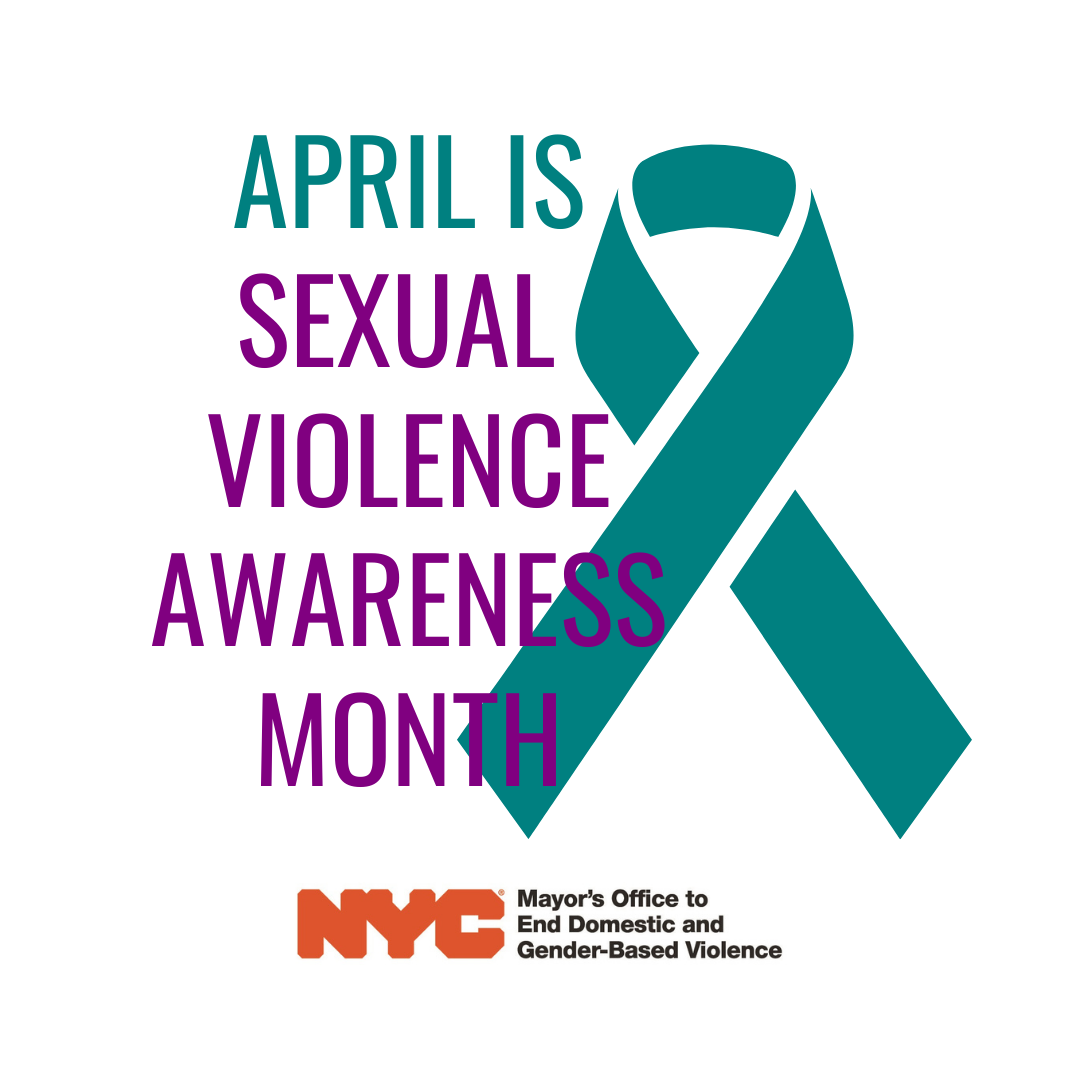 April is Sexual Violence Awareness Month. Image of large looped teal colored ribbon. Mayor’s Office to End Domestic and Gender-Based Violence