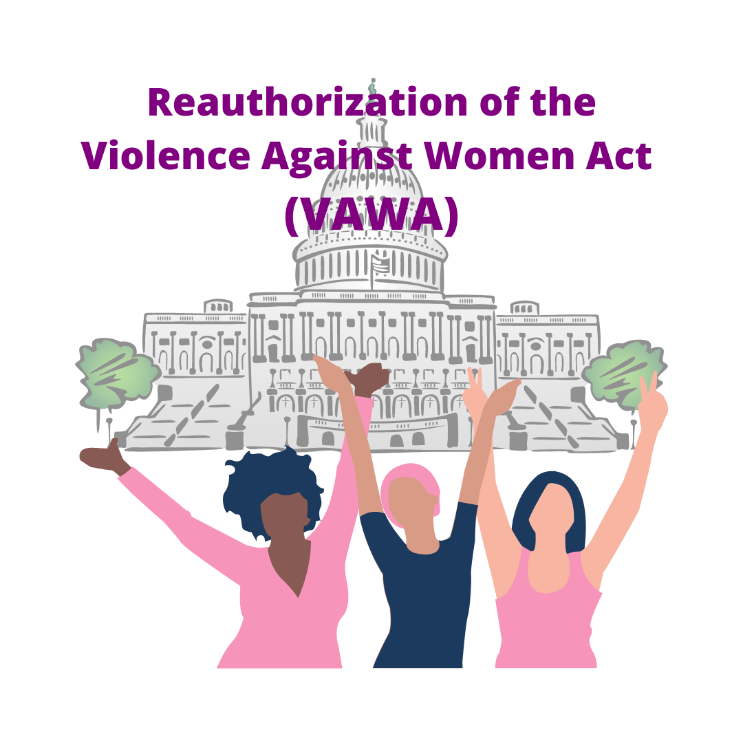 Illustration clip art with three woman rejoicing in front of the Capitol Building, with the title on top Reauthorization of the Violence against Woman Act.