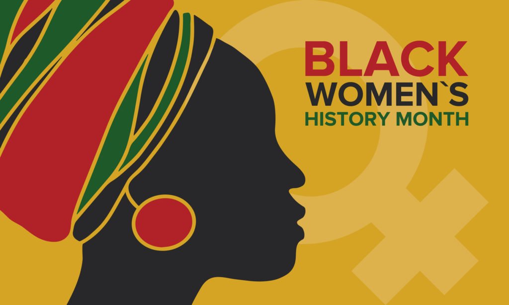 logo of African woman in colored red, black and green headdress with title, Black Women’s History Month.
