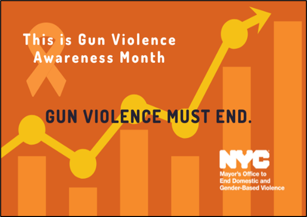 ENDGBV announcement with orange background and statistical graph chart with yellow upward arrow design titled June ais Gun Violence Awareness Month