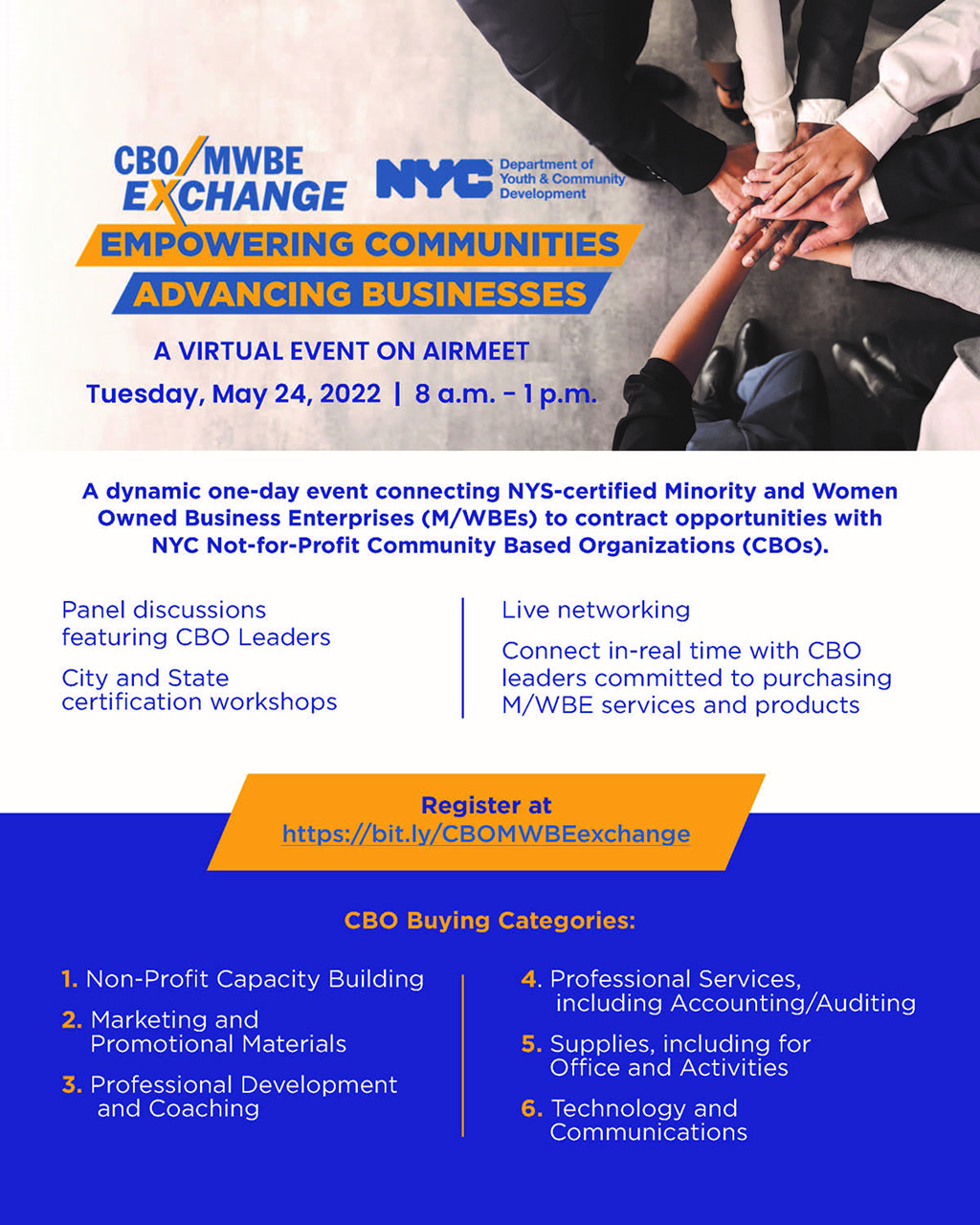 Copy of flyer with people in team unity hand stance titled CBOMWBE Exchange Conference, “Empowering Communities, Advancing Businesses,” on Tuesday, May 24, 2022