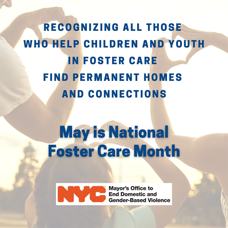 Image of family of three each with hands extended using fingers shaping a heart as love symbol with title: May is National Foster Care Month