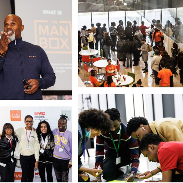 4 images in a collage from 2022 Youth Summit Youth Rising for Gender Equity with speaker Call To Men Founder Ted Bunch and different groups of participants engaged in workshop activities
