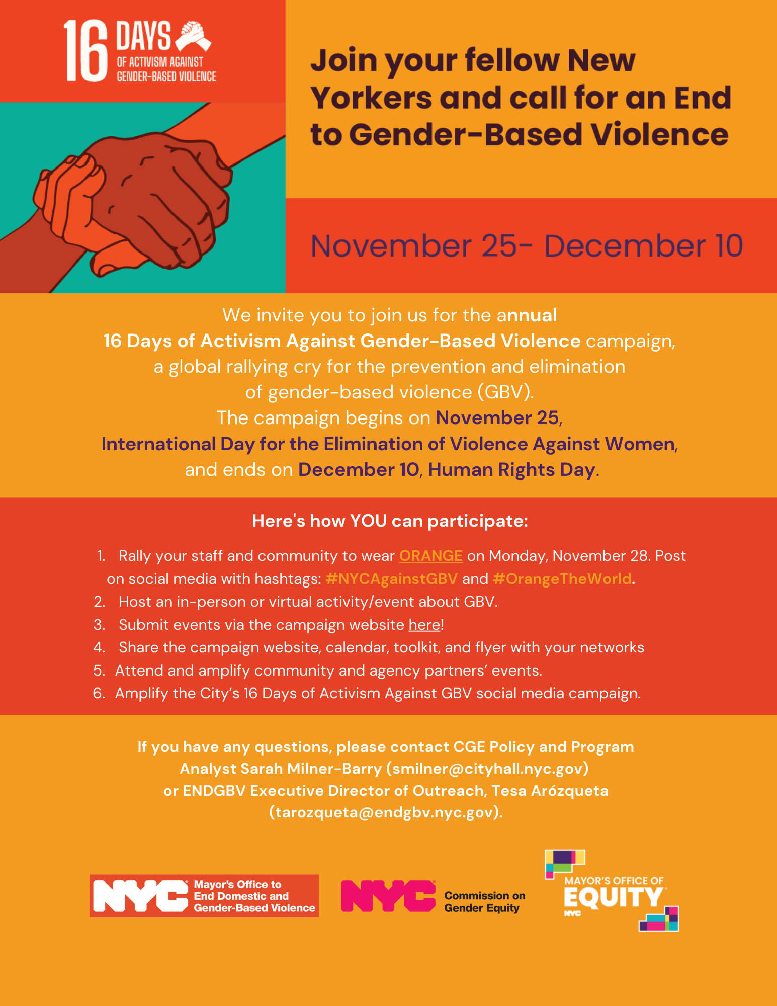 Tri-color square background with graphic logo holding hands. White text, states “16 Days of Activism Against GBV.” Black text: Join your fellow New Yorkers and call for an End to GBV and itemized list of how to participate