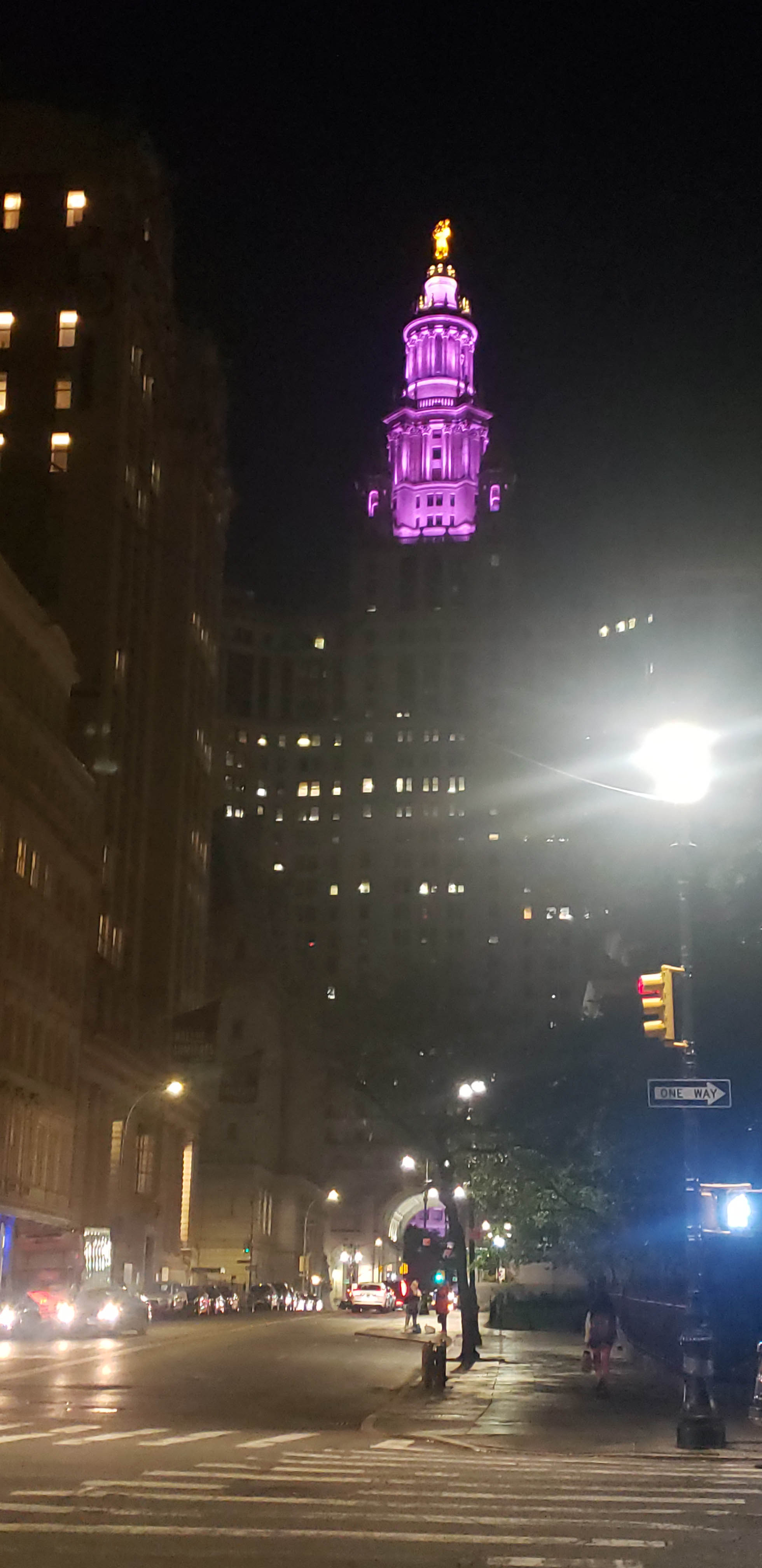 David N. Dinkins Municipal illuminated in purple lights for Go Purple Day on October 20, 2022 at night. 