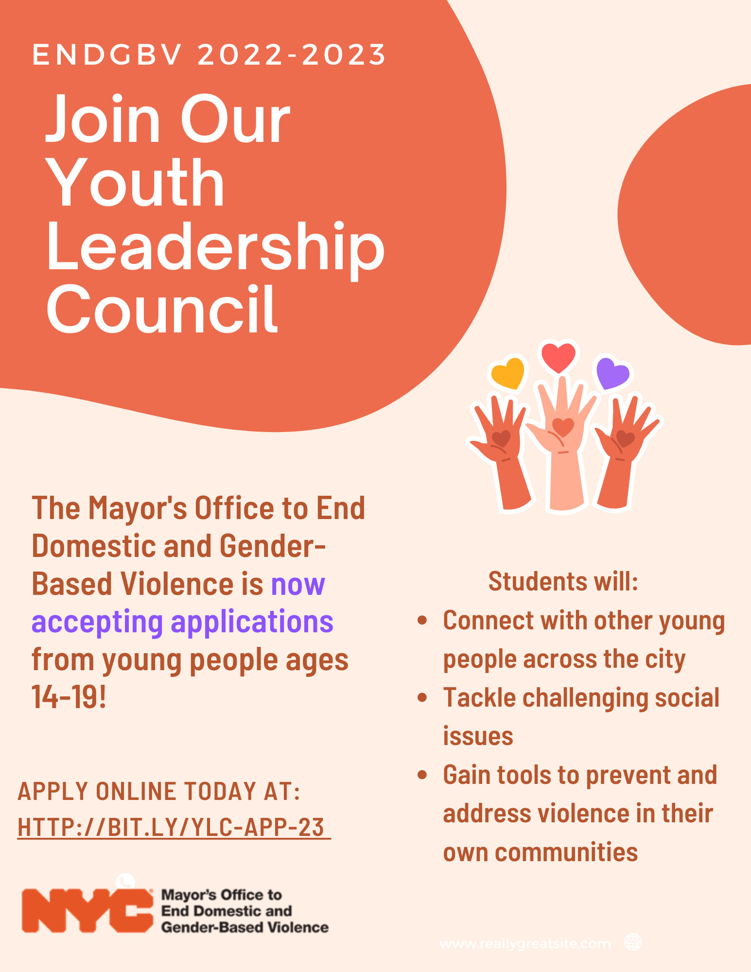 Diagram with orange blotch circle and text stating: We’re accepting applications for NYC teenage youth (aged 14-19) to join ENDGBV’s 2022-23 Youth Leadership Council (YLC)