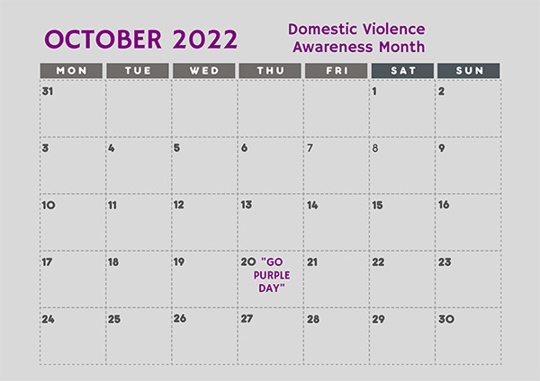 Grey background Calendar of October 2022 for Domestic Violence Awareness Month