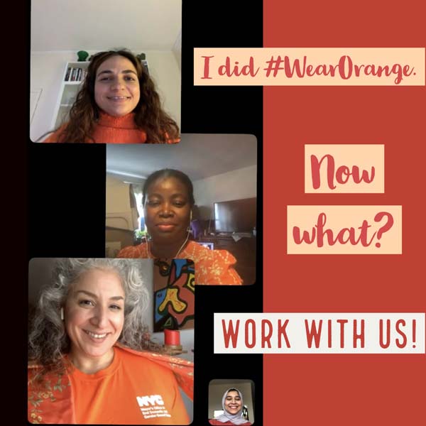 Profile pictures of four outreach team members wearing orange shirts. Reads: I did #WearOrange...now what? Work with us!