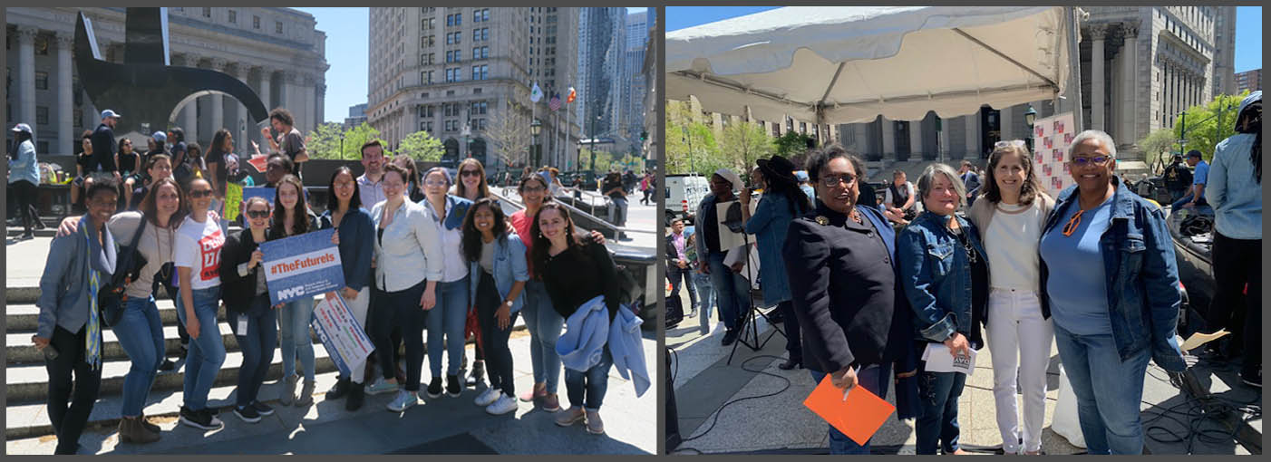 Two photos of a group of people at a rally