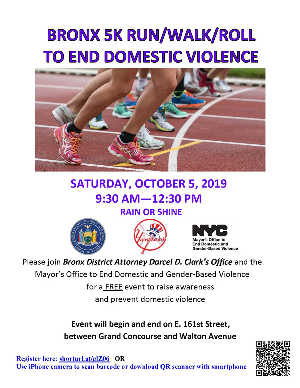 Poster for Bronx 5k to end domestic Violence - Saturday OCtober 5 2019, 9:30 am to 12:30 pm - Rain or Shine. Register at https://www.shorturl.at/glZ06