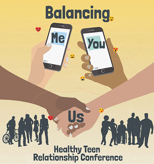 Balancing Poster of two hands holding each other and two other hands holding a cell phone each.
