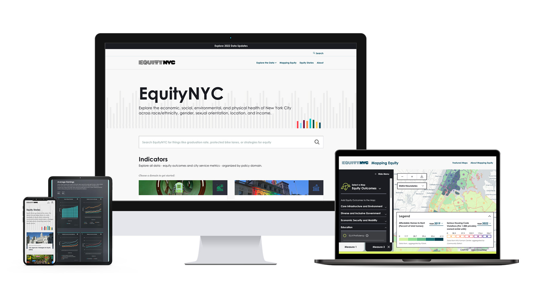 EquityNYC web platform demostrated on desktop, mobile, and tablet