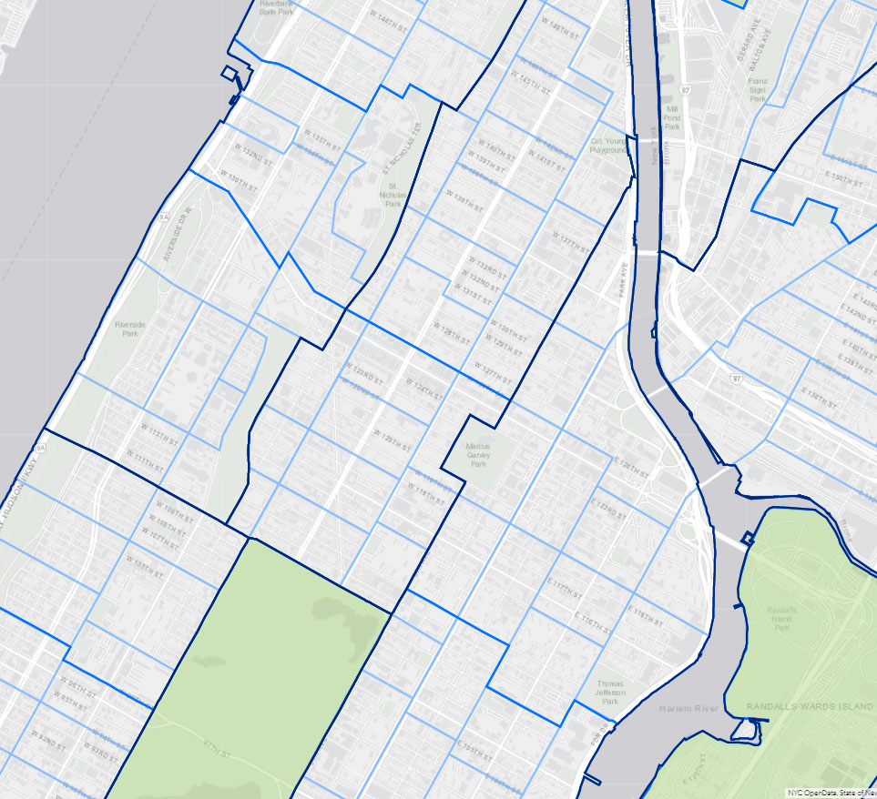 Map of upper Manhattan with borders and neighborhoods
