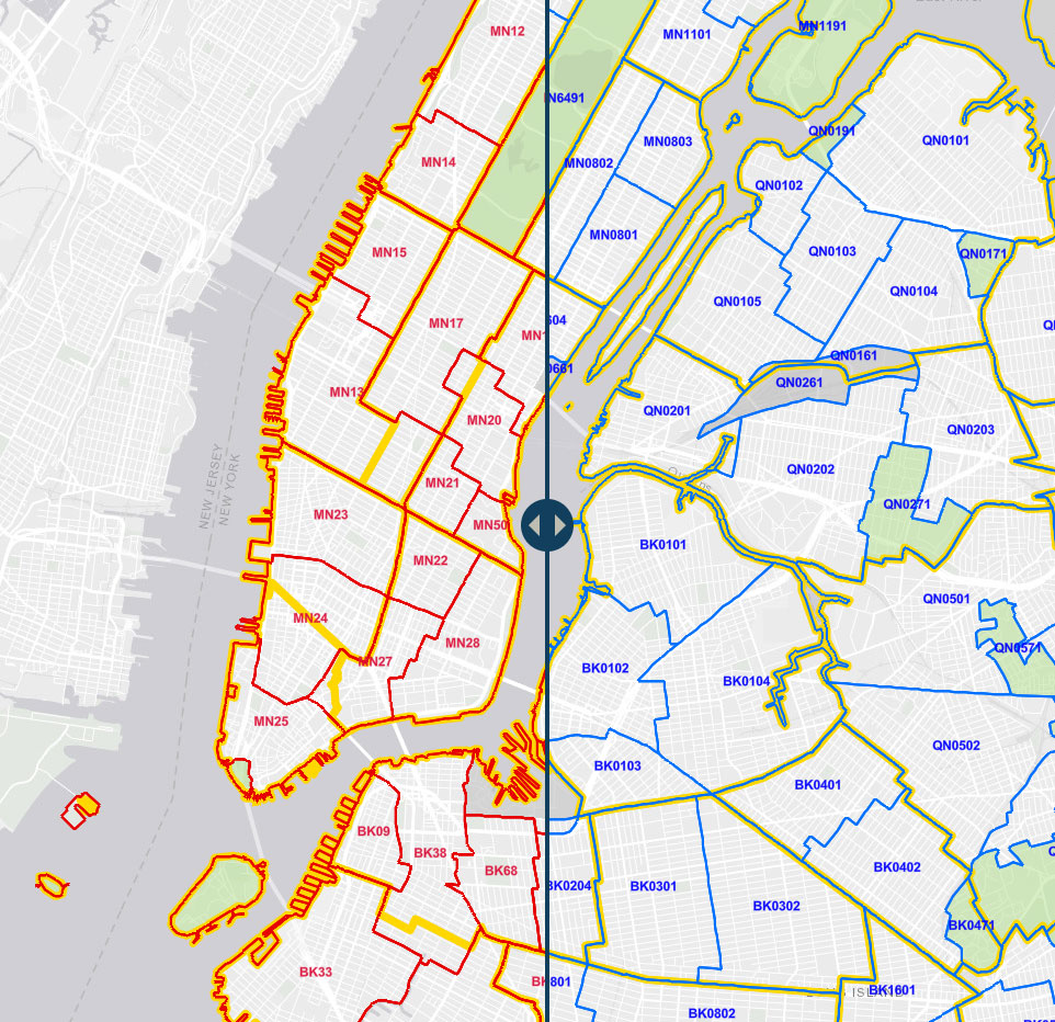 Map of New York City with borders and labels on neighborhoods